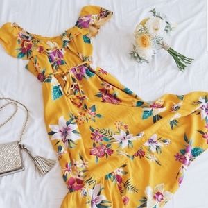 OLD NAVY Golden Yellow Tropical Midi Dress